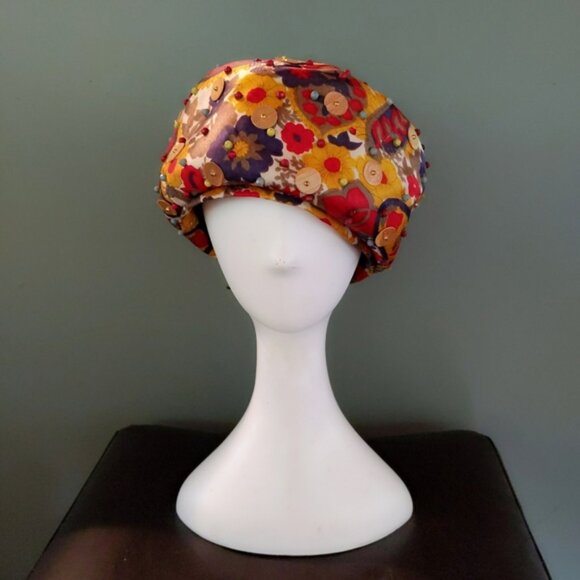 Vtg 60s Floral Liberty Sequin Pillbox Turban Hat - Picture 1 of 6
